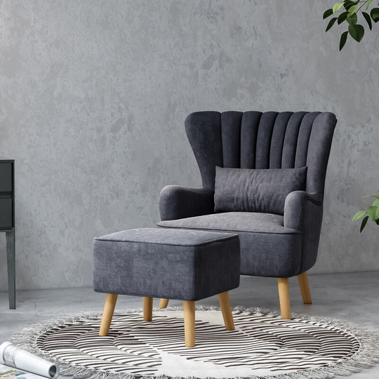 Suede Wingback Armchair with Footstool and Lumbar Pillow, Dark Grey - Livingandhome
