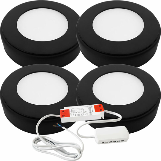 4x matt black Round Surface or Flush Under Cabinet Kitchen Light & Driver Kit - Natural White led