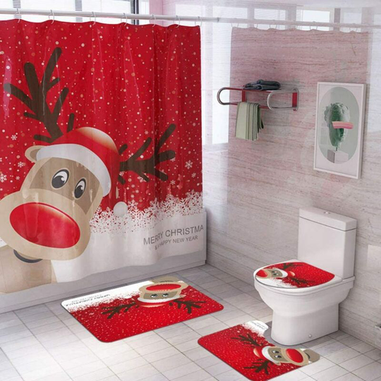 4 Pack Christmas Bathroom Sets with Non-Slip Mats, Toilet Lid Cover, Bath Mat and Shower Curtain with 12 Hooks for Christmas Decoration a