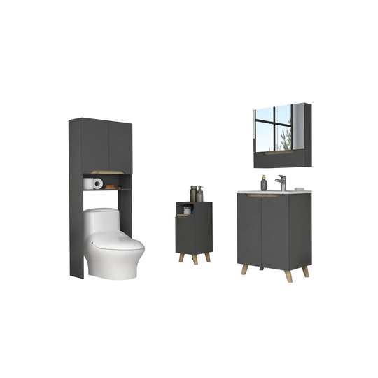 Set Laurent, Wall Cabinet With Mirror + Floor Standing Bathroom Cabinet With Sink + Shelf Over Toilet + Medium Wall Cabinet