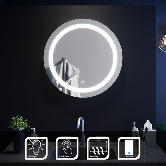 Bathroom Mirror Anti-Fog Wall Mounted 600x600mm Round Mirror Illuminated led, Demister + Touch Sensor - Elegant