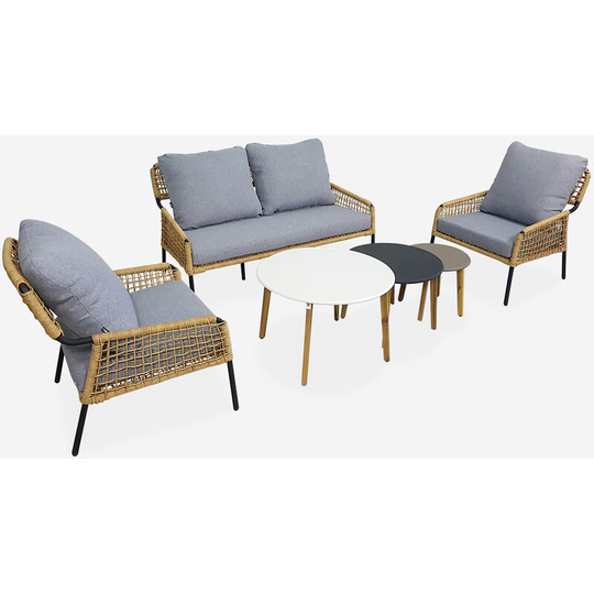 Alice's Garden - 4-seater low garden sofa set komodo - 2-seater sofa, 2 armchairs, 3 nesting tables, bamboo-effect rattan, grey cushions - Grey