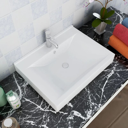 Rectangular Ceramic Basin Sink White with Faucet Hole 60x46 cm VDTD03673