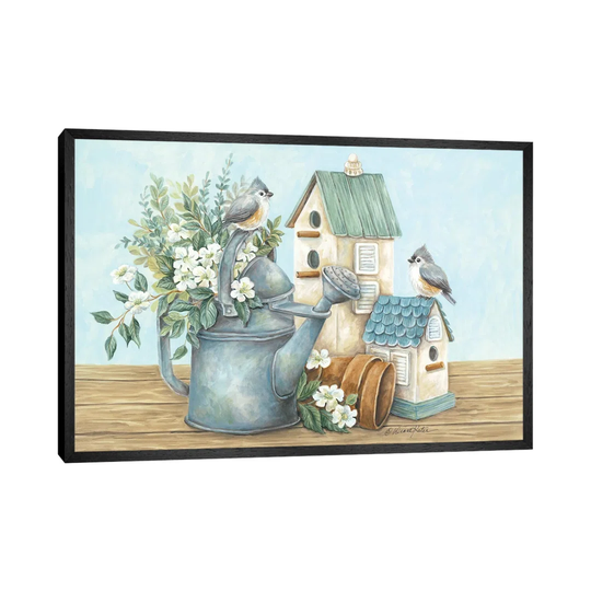Watering Can and Chickadees by Diane Kater - Painting on Canvas