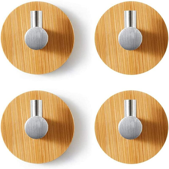 4pcs Bamboo Wall Hook, Bamboo Stainless Steel Hooks, Bamboo Adhesive Hook, Self Adhesive Towel Hooks Without Drilling for Bathroom, Toilet, Kitchen