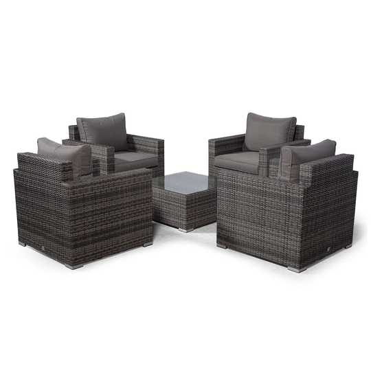 Villatoro Grey Rattan 4 X Armchairs With Square Coffee Table, Outdoor Patio Garden Furniture