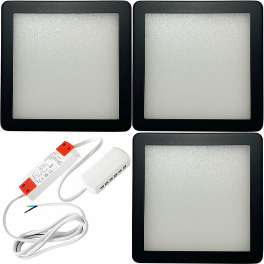 3x MATT BLACK Ultra-Slim Square Under Cabinet Kitchen Light & Driver Kit - Warm White Diffused LED