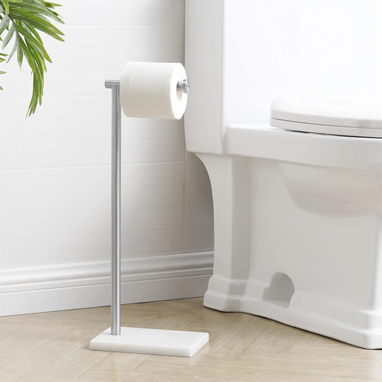 Free Standing Toilet Roll Holder Stand Bathroom Tissue Paper Holder With Marble Base Freestanding Heavy Duty SUS304 Stainless Steel Brushed Finish