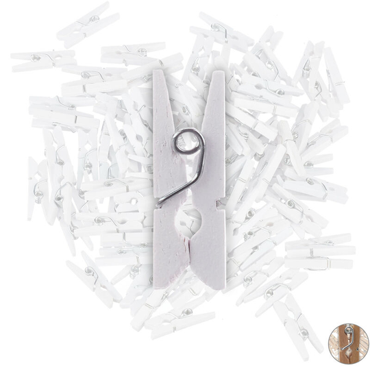 Set of 100 Mini Wooden Laundry Pegs, Small Retro Clothespins, White - Relaxdays