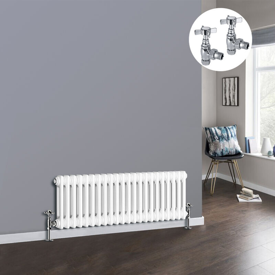 White 2 Column Traditional Cast Iron Style Radiator with Chrome Angled Cross Head Manual Valves Horizontal 300x1010mm