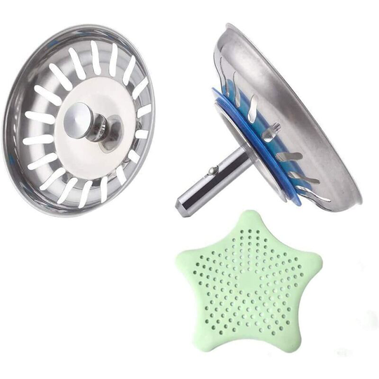 Sink Stopper, 2 Pieces Kitchen Sink Strainer Stainless Steel Size 80mm Easy Porous Drainage, Durable Sink Strainer Basket with 1 Piece Silicone Sink