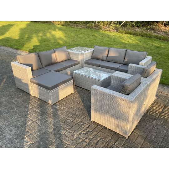 9 Seater Light Grey Outdoor pe Rattan Garden Furniture Set Sofa Set Coffee Table Footstool 2 Armchair - Fimous