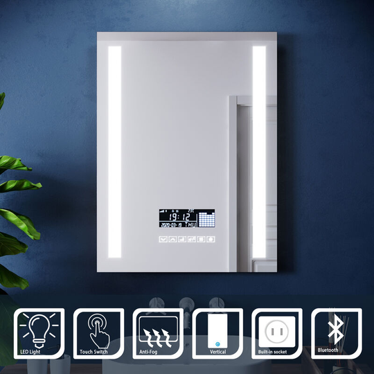 600x800mm Illuminated led Light Bathroom Mirror Touch control | Anti-Fog | Clock Function | Bluetooth Audio | Shaver Socket - Elegant