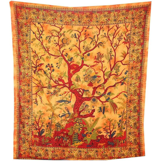 Perlerare - Indian Blanket Wall Hanging Tree of Life Orange Multicolor Bird Flower Cotton Style Tie Dye Bedspread Sofa/Armchair, 130x150cm