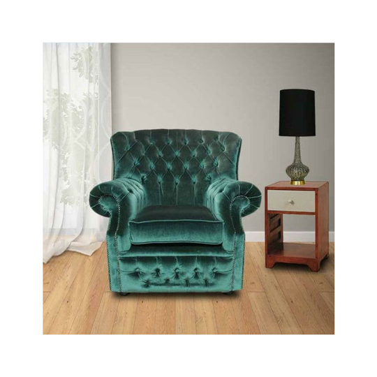 Chesterfield Monks High Back Wing Chair uk Manufactured Armchair Bottle Green Velvet