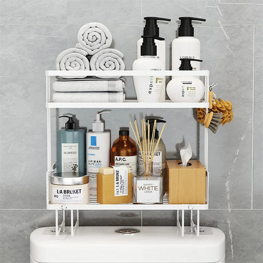 2-Tier Bathroom Over Toilet Storage Shelves, Small Bathroom Shelves Large Capacity, Waterproof & Anti-Rust Shelves Standing On Toilet, Baking Paint Me