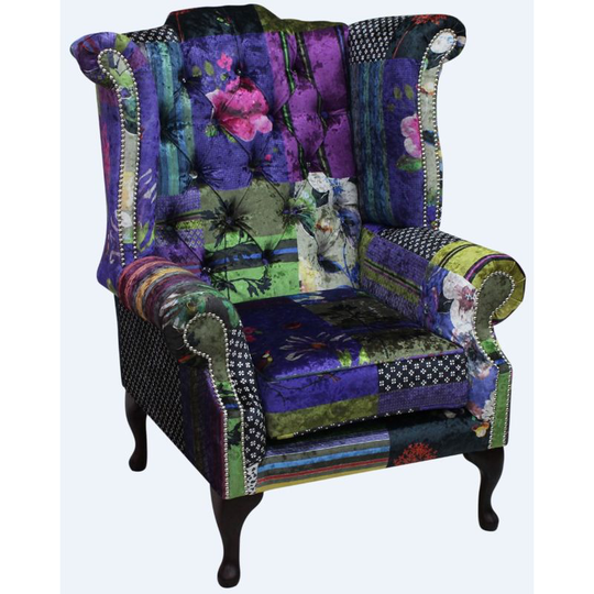 Chesterfield Patchwork Velvet Queen Anne London Multi Wing Chair