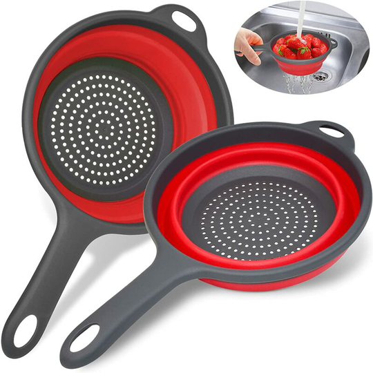 Collapsible Colander Strainer with Handle, 2 Pack Extendable Strainers and Colanders Set, Round Silicone kitchen Strainer for Draining