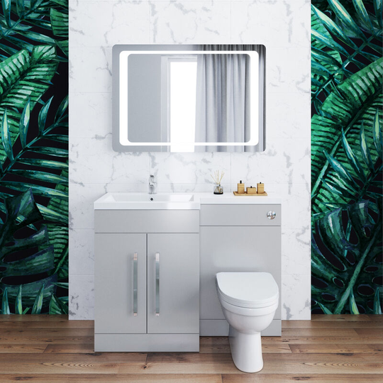 1100mm Bathroom Vanity Sink Unit Furniture Storage,Right Hand Matte Grey Vanity unit + Basin + Ceramic d shaped Toilet with Concealed Cistern