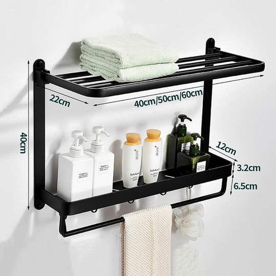 4 in 1 Bathroom Towel Rack, Shower Shelf + Towel Rack + Hooks for Bathroom and Kitchen, Self Adhesive Wall Mounted Towel Rack No Drilling Black