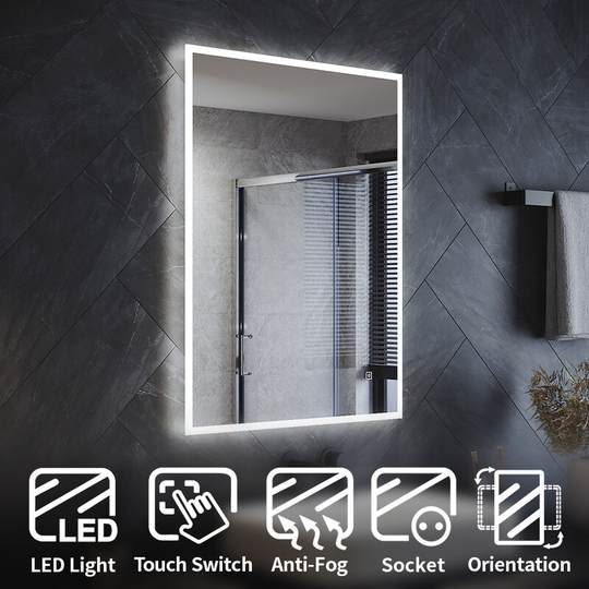 Backlit Bathroom led Mirror Light with Shaver Socket Demister Pad Touch Switch Vertical/Horizontal 800x600mm - Elegant
