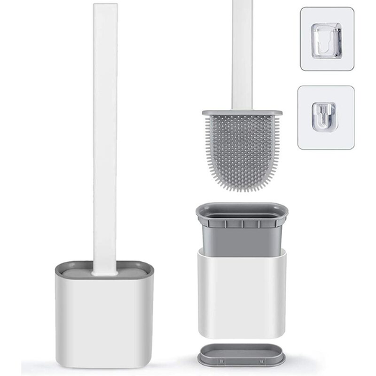 Toilet Brush with Holder, Deep Cleaning Bathroom Flat Flexible Silicone Toilet Brush Set with No-Slip Long Plastic Handle, Wall Mounted & Flooring