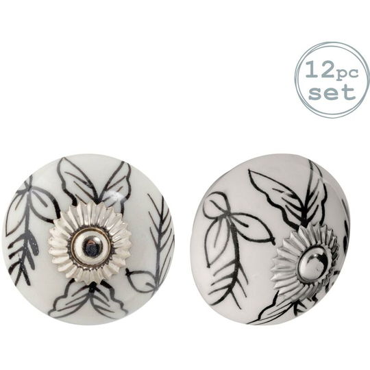 Round Ceramic Cabinet Knobs - Black Leaves - Pack of 12 - Nicola Spring