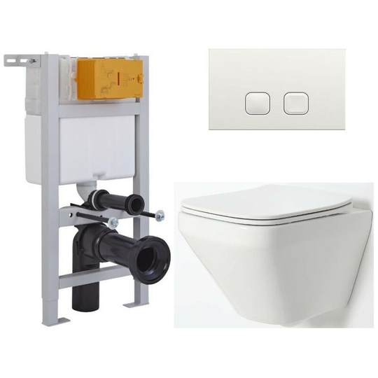 Milano - Farington - White Ceramic Modern Bathroom Wall Hung Rimless Toilet with Short Wall Frame, Cistern and White Square Flush Plate