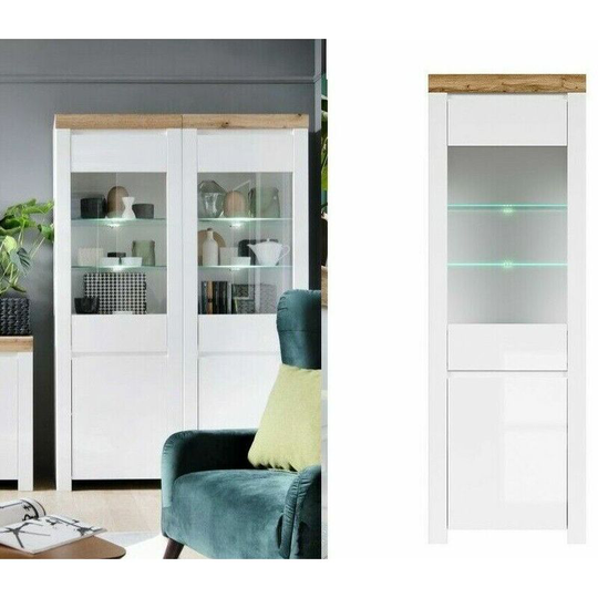 Impact Furniture - Modern White Gloss Oak Effect Tall Slim Glass Display Cabinet Unit LEDs Holten - White Gloss / Oak