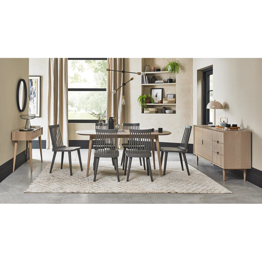 Dansk Scandi Oak 6 Seater Table With 6 Spindle Chairs In Dark Grey
