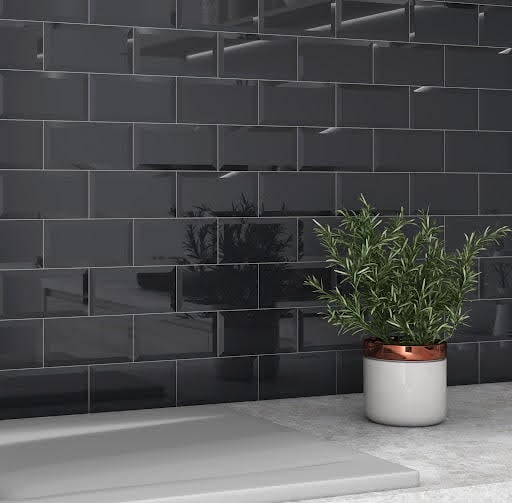 RAK Subway Metro Nero Bevel Decor Glossy Wall Tiles - 100 x 300mm