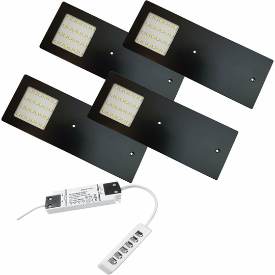 Loops - 4x matt black Ultra-Slim Rectangle Under Cabinet Kitchen Light & Driver Kit - Natural White led