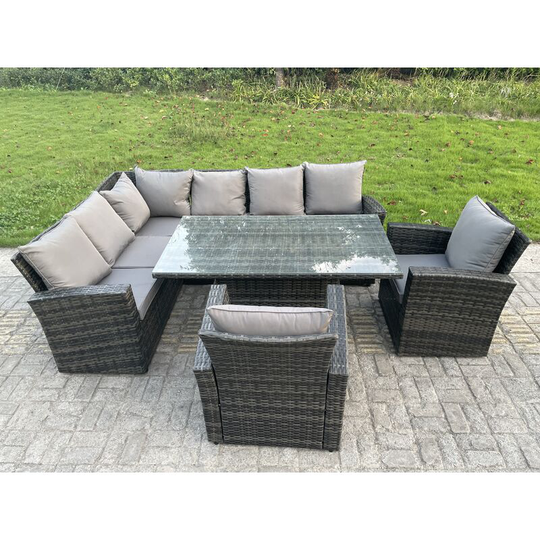 High Back pe Rattan Corner Sofa Set Garden Furniture Adjustable Rising Lifting Table Set With 2 Armchair - Fimous