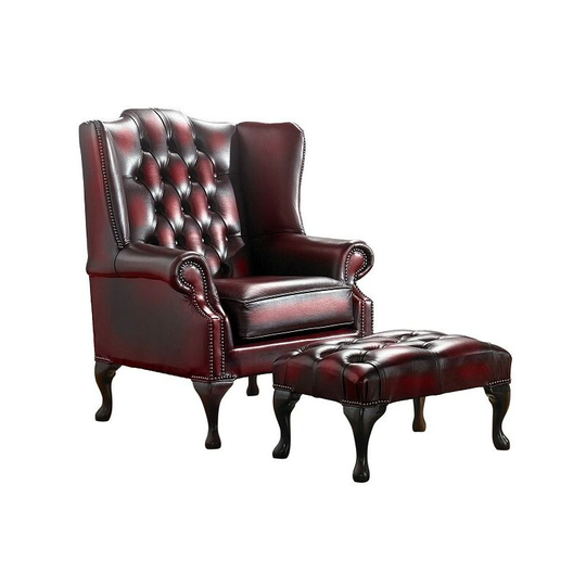 Chesterfield Handmade Mallory Flat Wing Back Armchair Antique Oxblood Leather + Footstool