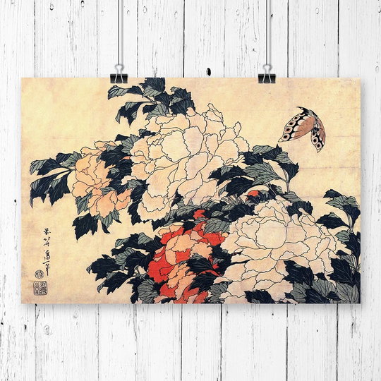 'Peonies and Butterfly Japanese Oriental Art' by Hokusai Graphic Art