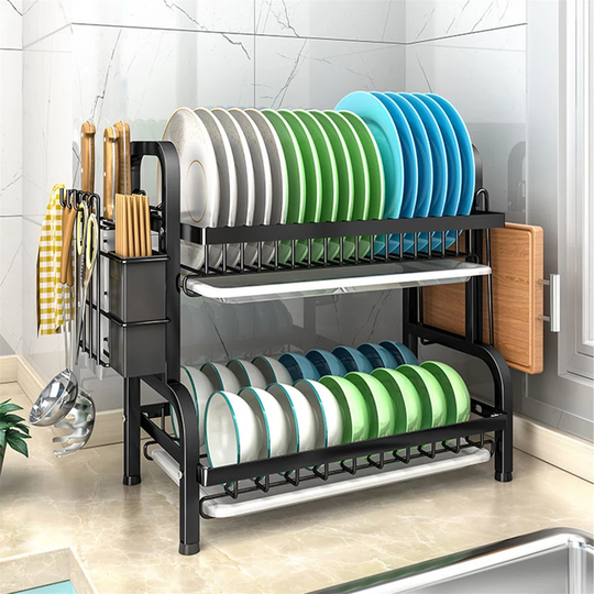 2-Tier Dish Drying Rack, Carbon Steel Dish Drying Shelves With Drainboard Tray, Utensil Holder, Cutting Board Holder, Large Rust-Proof Dish Drainer Fo