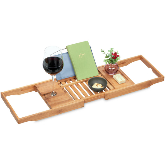 Bathtub Tray, Bamboo, Extendable from 70-105 cm, Book Support, Wine Glass Holder, Bath Caddy, Natural/Grey - Relaxdays