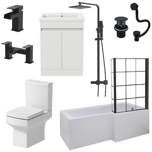 Affine Royan Black Bathroom Suite with L Shape Shower Bath 1700 & Artis Vanity Unit Right Hand