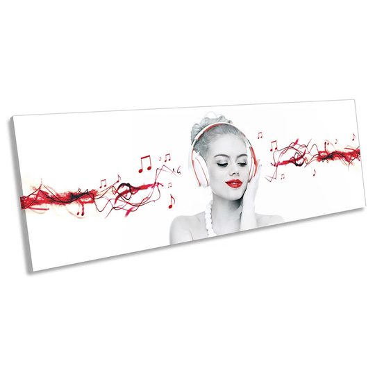 Woman Headphones Music Picture PANORAMA CANVAS WALL ART Print Red