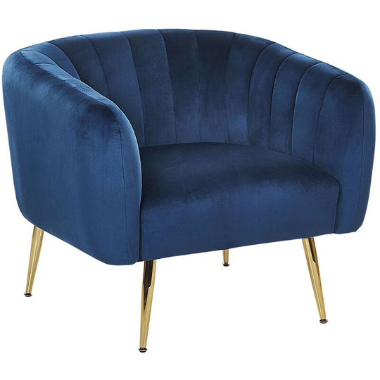 Beliani - Modern Glam Round Back Armchair Decorative Velvet Golden Legs Blue Laconia - Blue