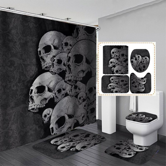 Skull Stack Halloween Shower Curtain Sets, Generic 71 inch x 71 inch Halloween Bathroom Decor Set - Shower Curtain with Mat, Toilet Lid Cover, Bath