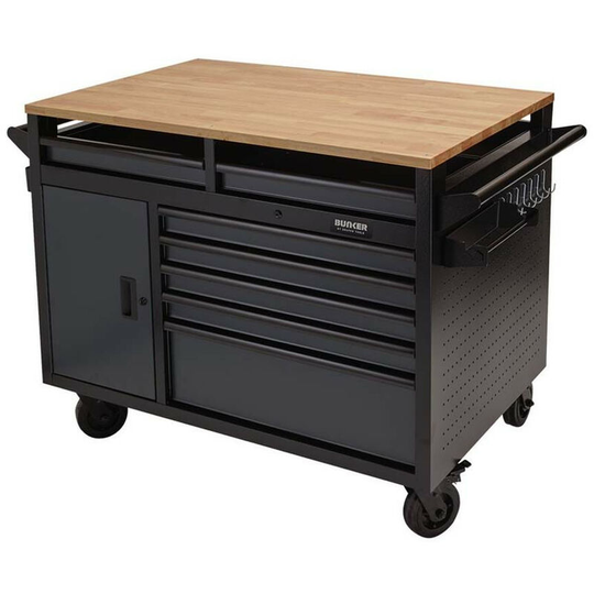 08251 bunker Multi-Functional Workbench Roller Tool Cabinet, 14 Drawer, 48, Grey - Draper