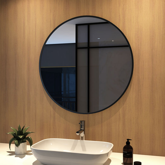 80cm Bathroom Mirror Round Hanging Wall Mirror Matte Black Frame, Modern Wall Mounted Bathroom Mirror - Meykoers