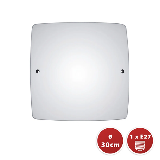 Square Ceiling Light 30X30cm, Made Of Frosted Glass. Connection For 1 E27 Bulb. LED Compatible. Easy Assembly. Elegant Design.