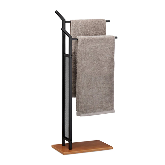 Rack, 2 Rails, Freestanding Towel Holder, No Drilling, Metal, Black, HWD 88 X 40 X 20 Cm