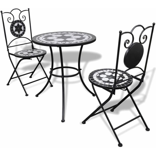3 Piece Bistro Set Ceramic Tile Black and White VDTD15511 - Topdeal
