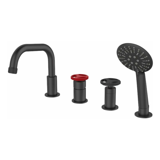 4-Hole Standing Bath Mixer Tap Sink Faucet Black Finishing Industrial Red Handle