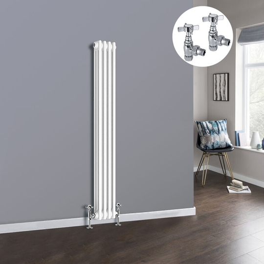 White 3 Column Traditional Cast Iron Style Radiator with Chrome Angled Cross Head Manual Valves Vertical 1500x202mm