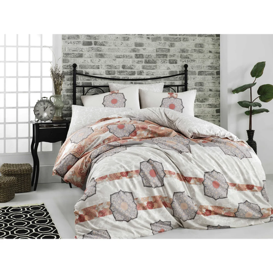 Tomball Beige/Salmon/Grey 100% Cotton Duvet Cover Set
