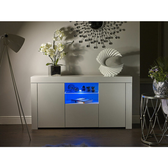 Sideboard White Gloss Top/Doors Glass Display Cabinet Cupboard Buffet led Light Small Unit Lily - White Gloss
